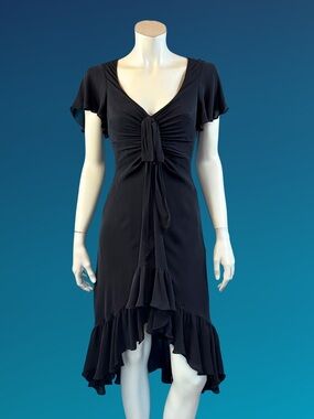 CINQ A SEPT Y2K Black Silk Bis Cut Ruffle Dress / XS